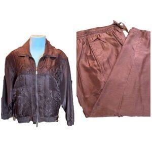 COACO Vintage 80's 100% Silk Brown 2-PIECE Bomber Jacket Track Suit Size M/L